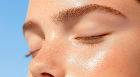A close-up of a woman’s sun-kissed and serene face, representing the natural radiance achieved through facial massage.