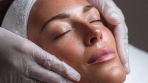 A woman receiving a professional facial massage in a spa setting, focusing on the structural lifting of the jaw and cheekbones. 
