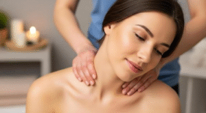 A female therapist providing a professional neck and shoulder massage to support facial drainage and stress relief.