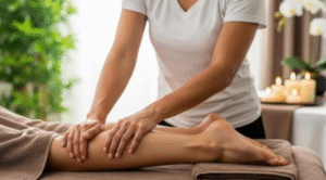 A professional therapist performing a deep tissue massage on a woman's lower leg to support circulation and detoxification. 