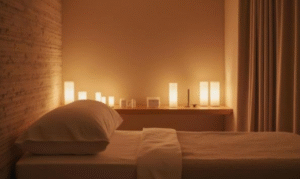  A clean, minimally decorated massage room with white linens and a warm bedside lamp, showcasing the Arch Massage sanctuary environment.