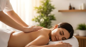 Close-up of a female client receiving a relaxing pressure point treatment in a wellness center. 